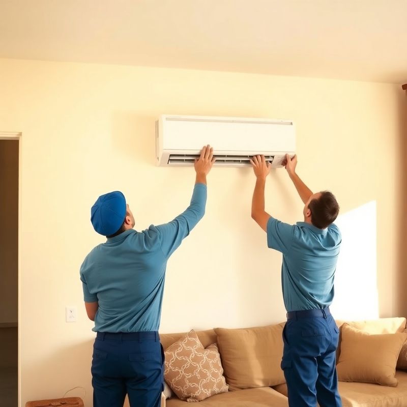 Due tecnici in tuta azzurra installano un'unità split di condizionamento a parete in un soggiorno napoletano luminoso