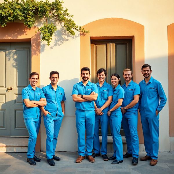 Squadra di cinque tecnici in uniforme azzurra davanti a un edificio bianco mediterraneo a Napoli